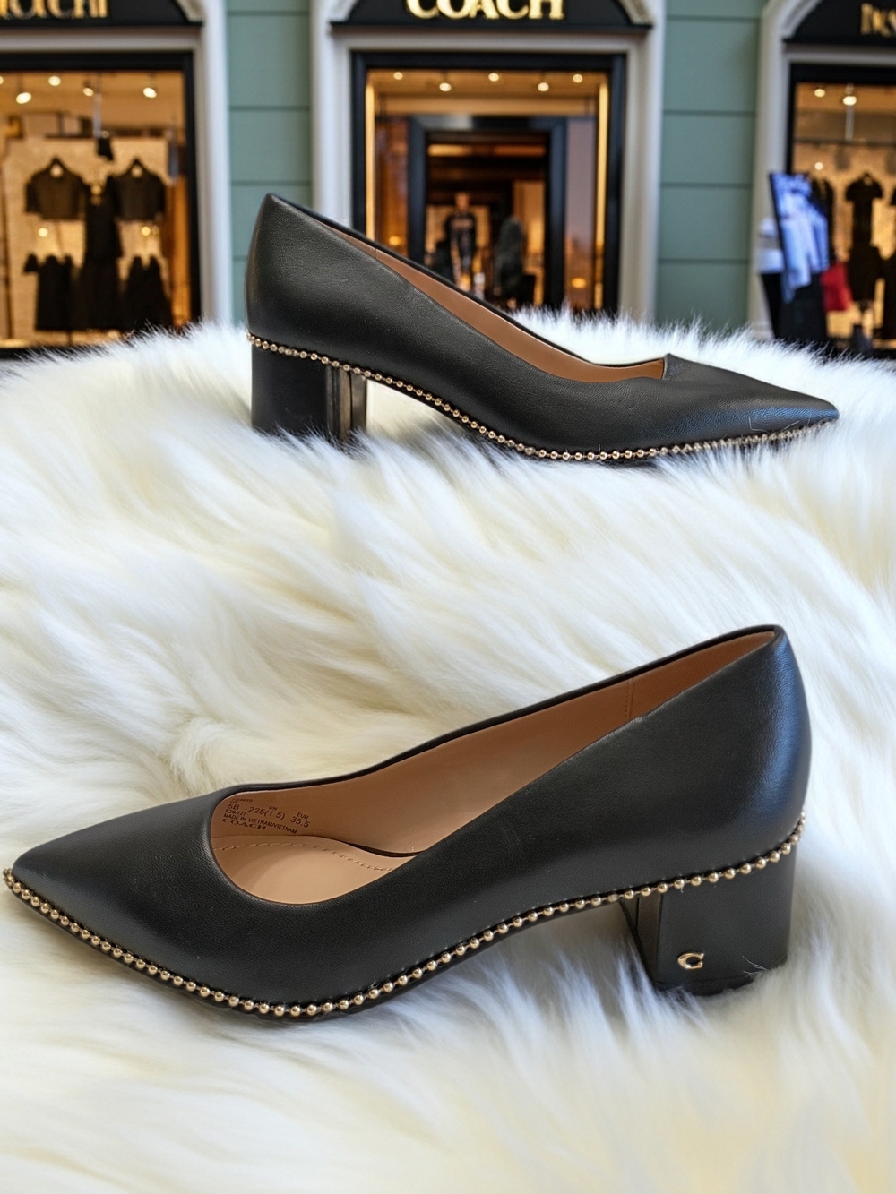 Coach Willa Black Leather Pointed Low Block Heel Pumps with Metallic Stud Detail